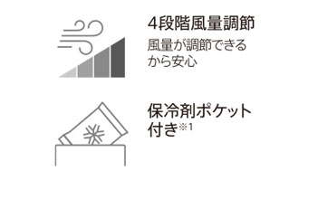 4段階風量調節/保冷剤ポケット